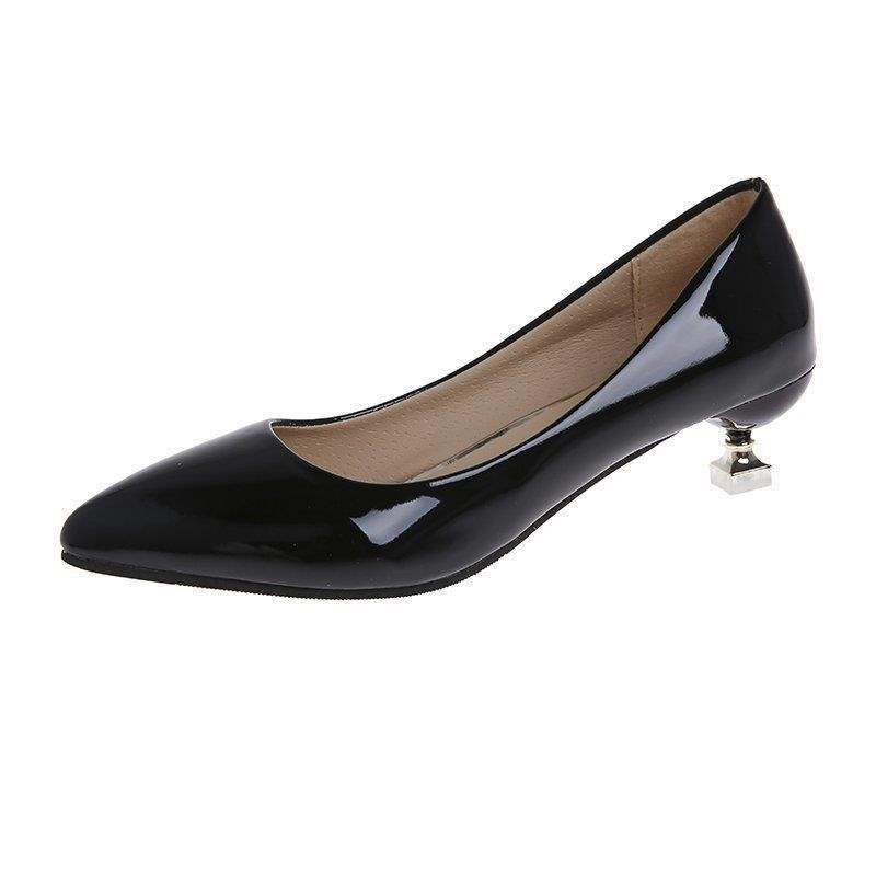 3Cm cat heel low heel spring and autumn thin heel bright leather single shoes pointed black candy color versatile simple comfortable work shoes