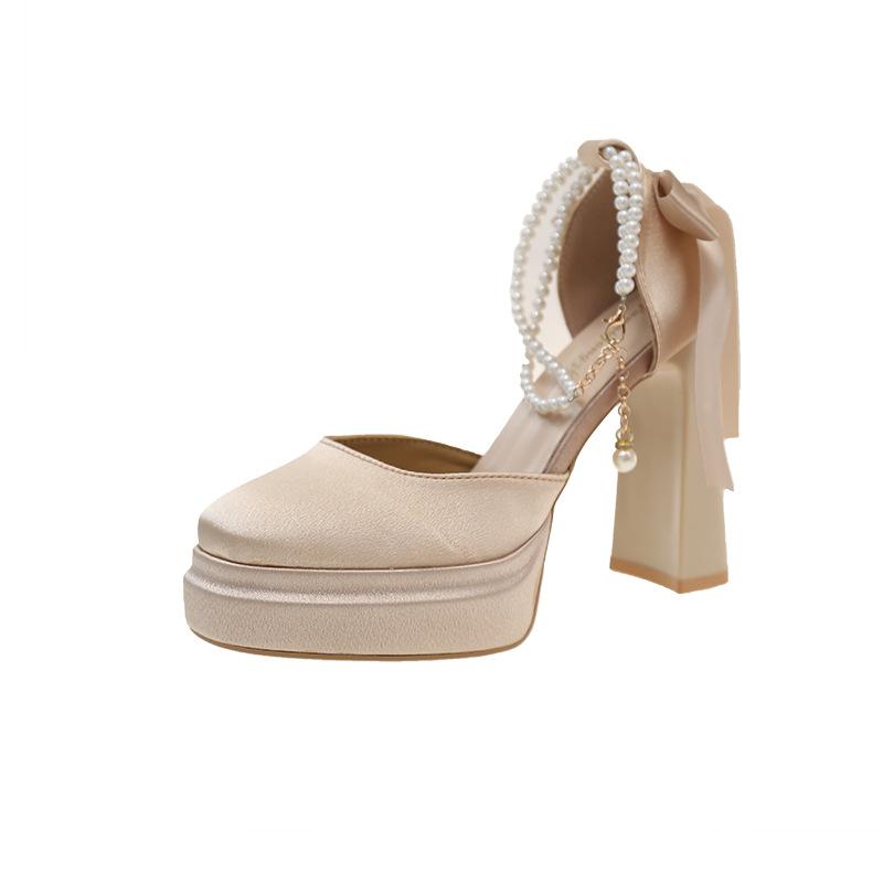 2025 New Suede Pearl Foreign Trade Shoes Women's Square Head Thick Heel High Heel Single Shoes Bow Waterproof Table Single Shoes Women