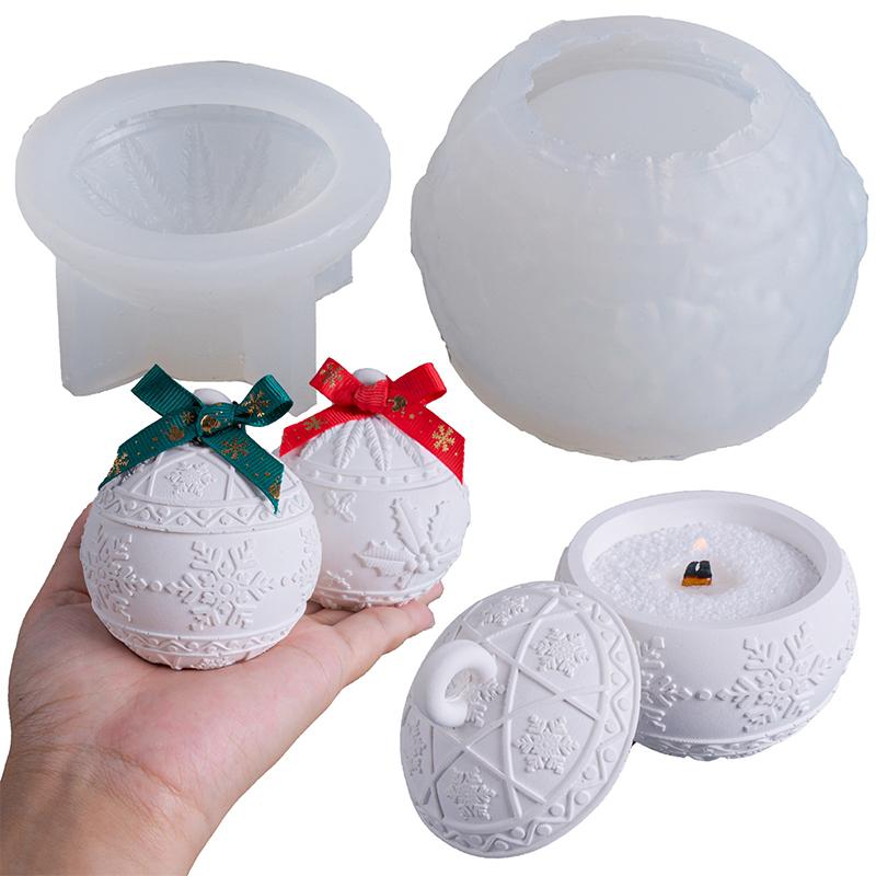 Christmas Ornaments Round Candle Jar Silicone Mold DIY Handmade Relief Snows Berry Ball Plaster Resin Storage Box Craft Molds