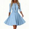 Women's Fashionable Round Neck Seven Quarter Sleeve Zipper Pocket Casual Dress With Belt