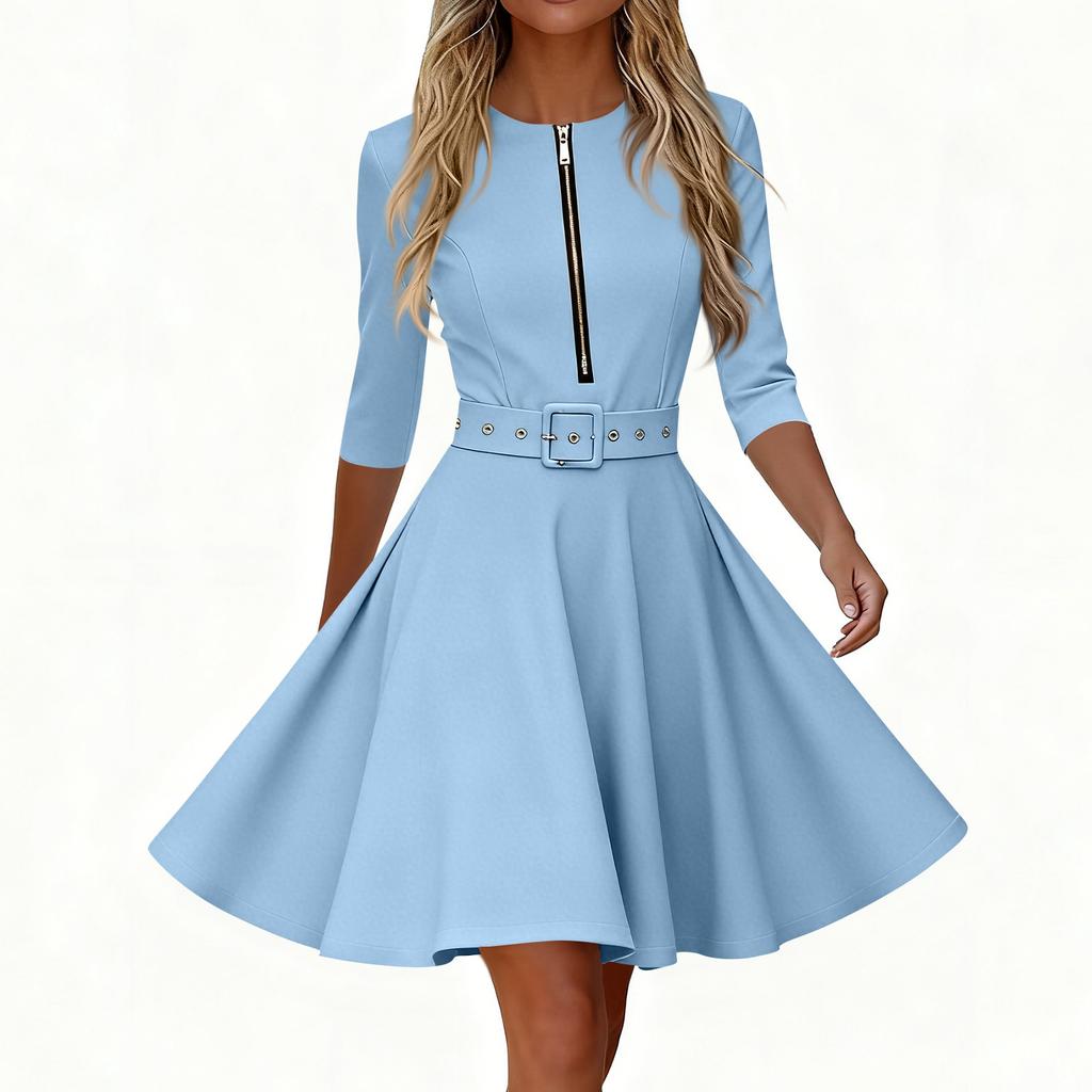 Women's Fashionable Round Neck Seven Quarter Sleeve Zipper Pocket Casual Dress With Belt