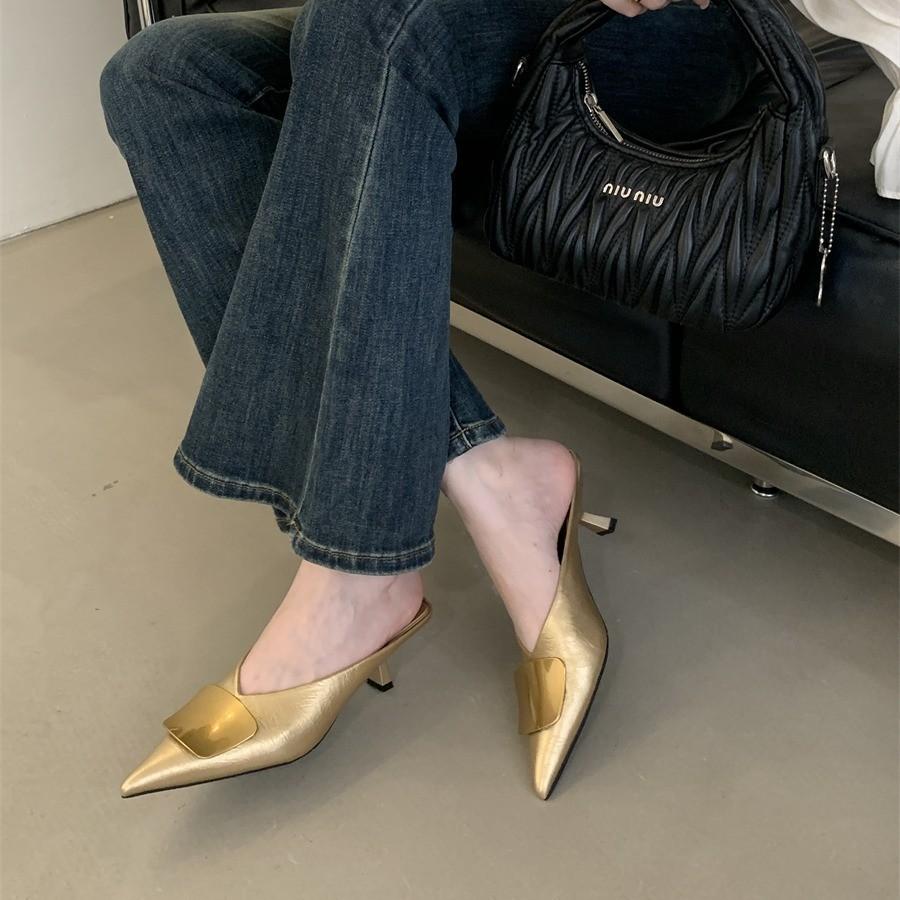 2025 summer new metal buckle pointed head thin heel bag head slippers women wear sandals muller shoes half slippers