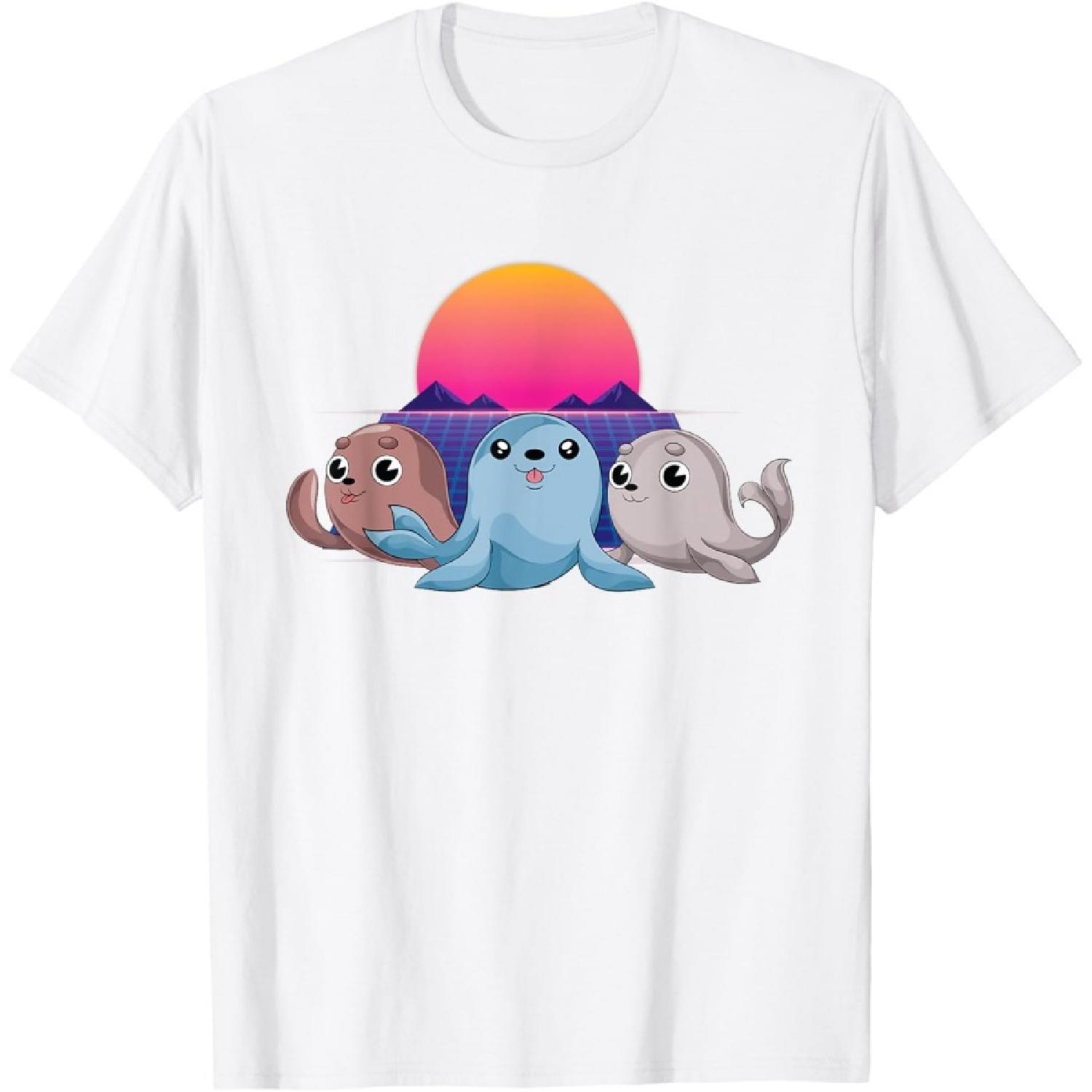 Cute Seal Lover Vaporwave Sunset Ocean Puppy Sea Lion T-Shirt S