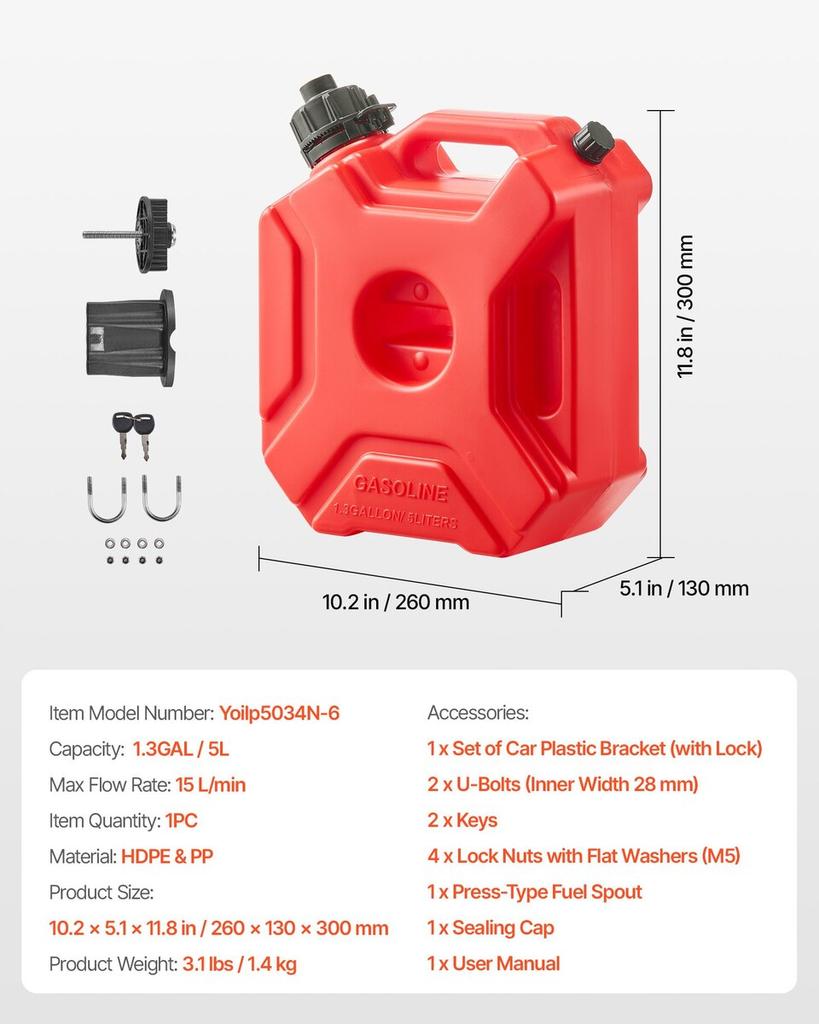 Fuel Container, 5 L, Gas Can with Spout and Lockable Bracket, 15 L/min Max Flow Rate, Secure & Leak-proof, Portable Flat Fluid Container for Most Cars