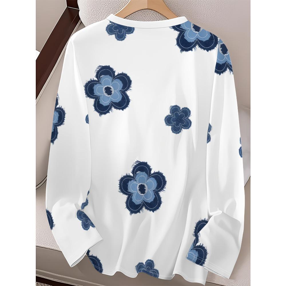 Women's autumn and winter new plus size fashion printed casual V-neck long-sleeved T-shirt