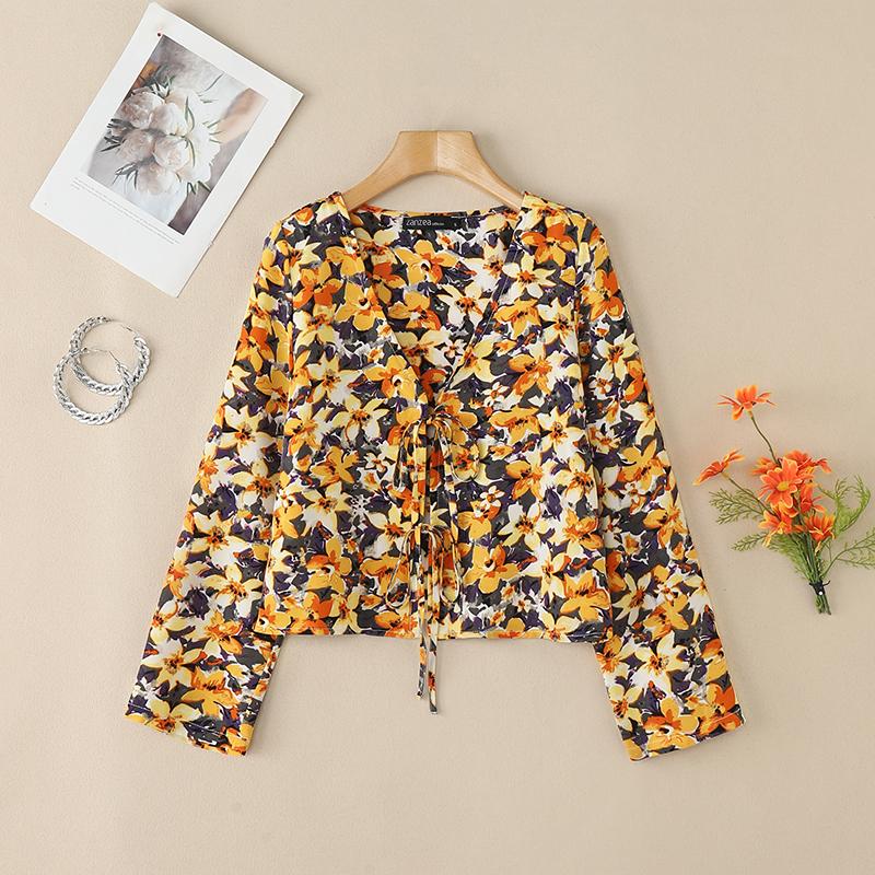 

ZANZEA Женский повседневный кардиган-блузка с V-образным вырезом, длинными рукавами и цветочным принтом на шнуровке M жёлтый