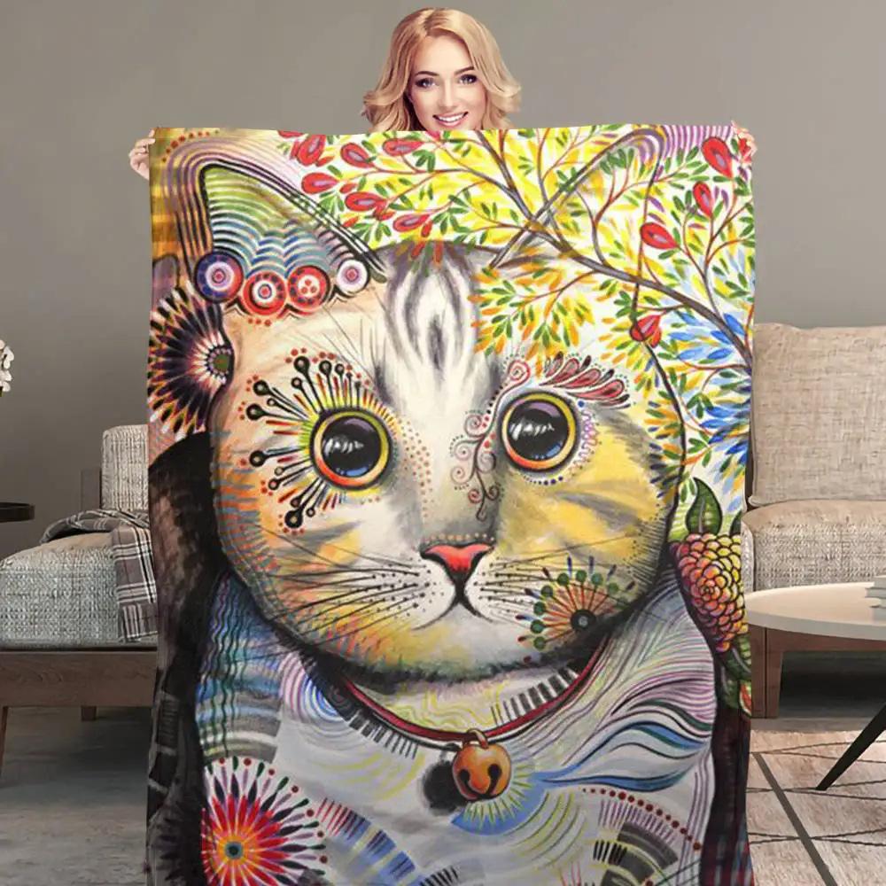 Cartoon Cat On the Bookshelf Printed Blanket for Sofa Bed Travel Camping Living Room Office Conditioning Blanket