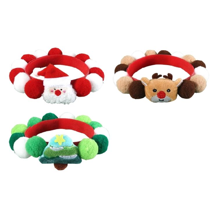 Set of 3 Soft Plush Cats Collars with Furry Pompoms for Cats Dogs Christmas Theme Party Cats Neckwear Festival Pet Collars