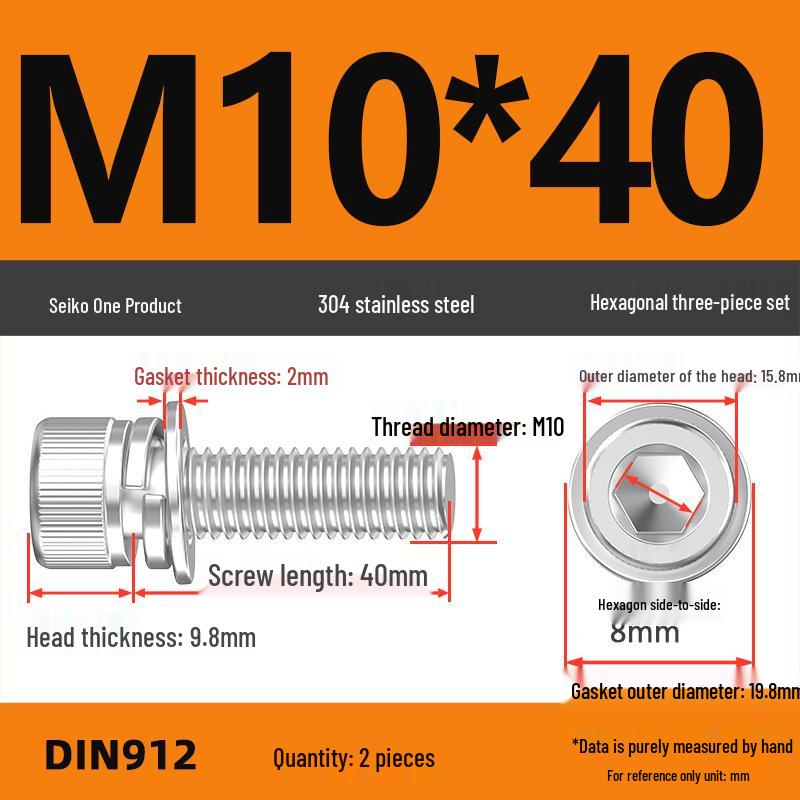 304 Stainless Steel Hex Socket Cap Screw with Washer - Sizes M3, M4, M5, M6, M8, M12