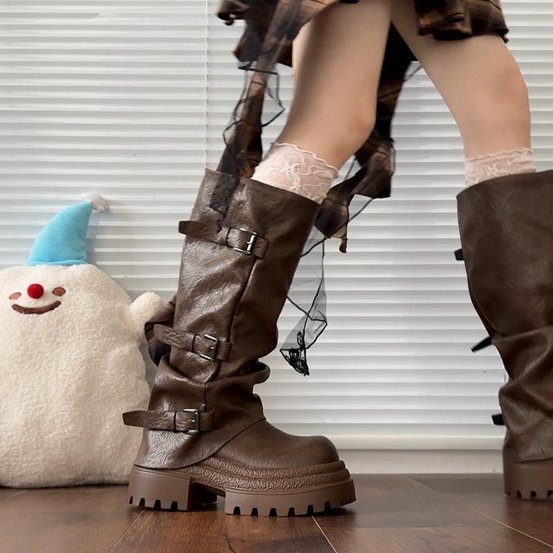 Radstiefel erhöhen die Höhe 2025 braun neue Plateaustiefel Ritterstiefel Damen Frühling und Herbst Schönheit Pile Retro Hosenrohr