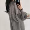 2024 Autumn/Winter Women's Korean Ribbed Knit Cardigan with Lantern Sleeves - Solid Color, Lazy Style Trend