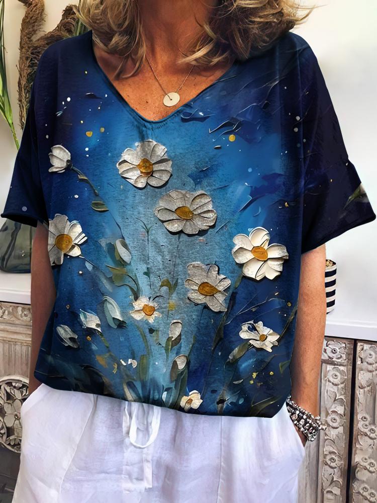 

Винтажные женские футболки с V-образным вырезом, 3D цветочным принтом, свободные, с коротким рукавом, летняя уличная одежда, повседневная одежда оверсайз для женщин S