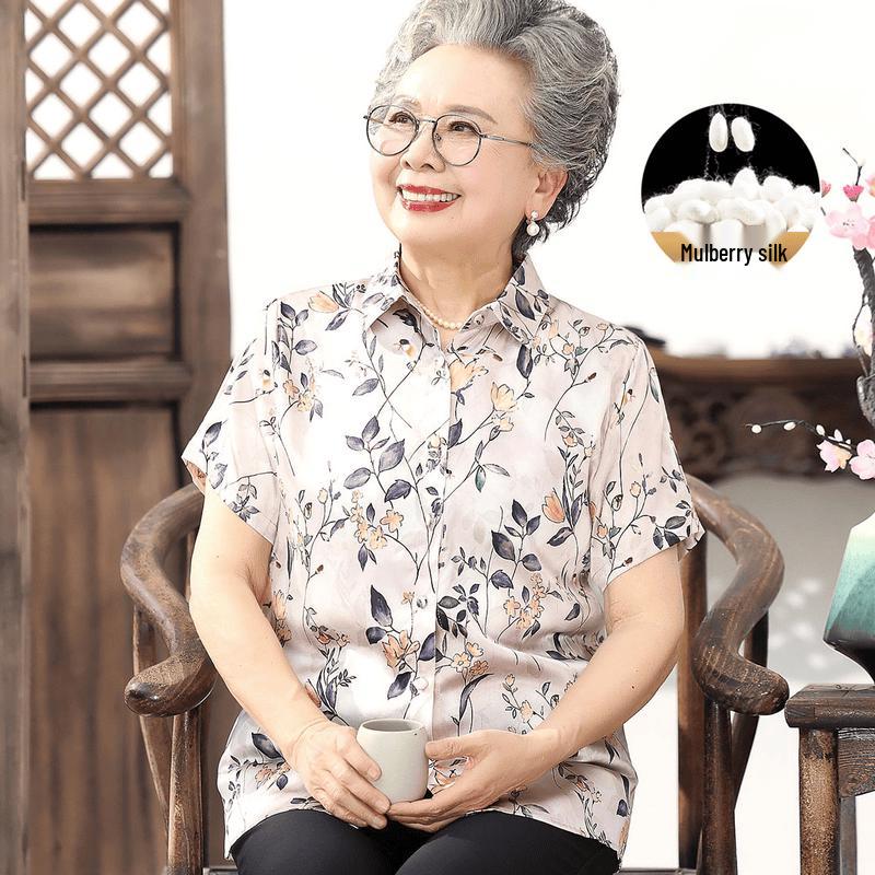 Yuzhaolin Women s Silk Floral Print Summer Shirt for Mothers 3XL