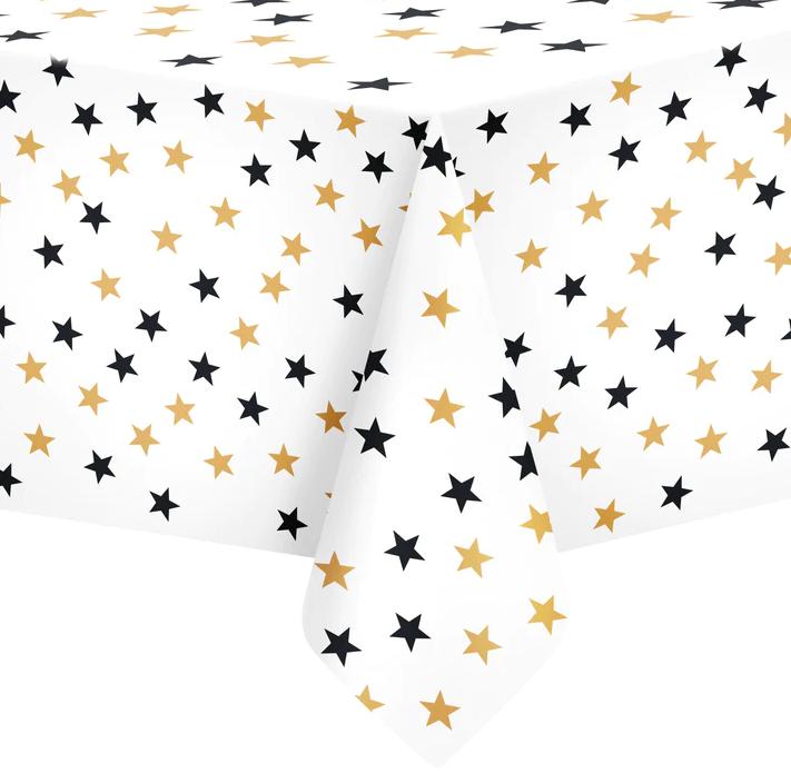 White Foil Tablecloth with Stars Birthday 137x274cm