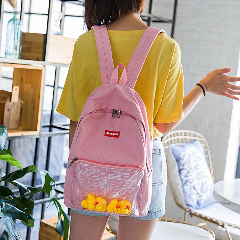 Durable Canvas Womens Backpack With Fun Duck Toy And Transparent School Bag Design