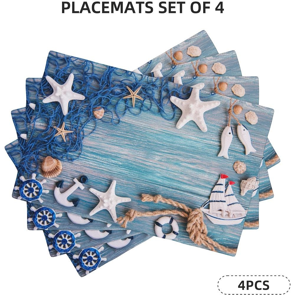 Blue Placemats Set of 4 Summer Nautical Theme Washable Placemat Kitchen Dining Heat-Resistant Starfish Shell Fishnet Place Mats Desktop Decor Table
