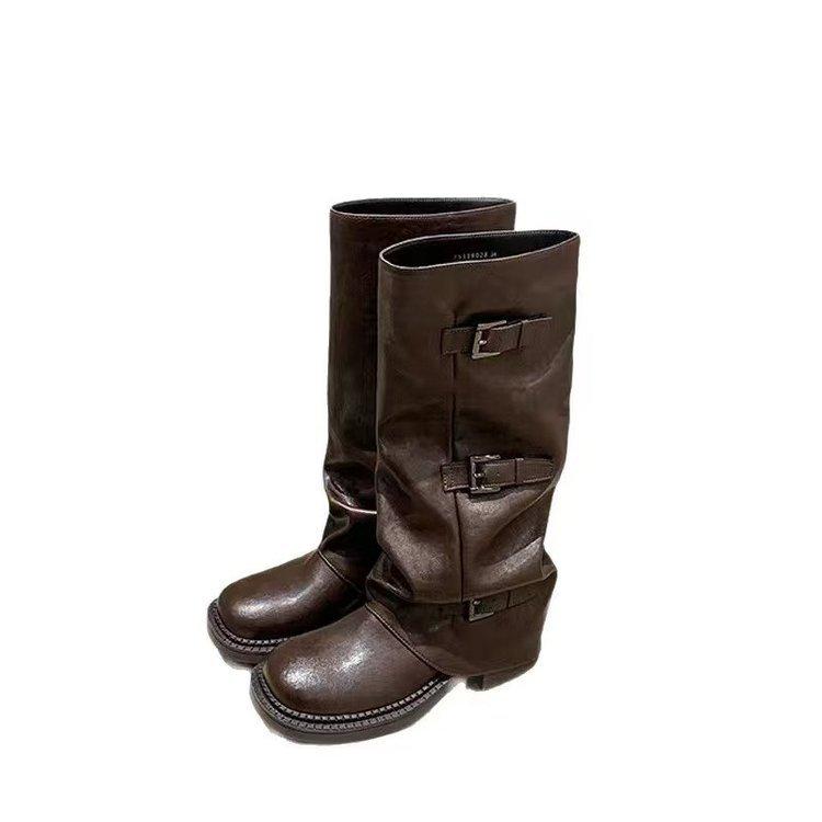 Cowhide version! Spice Girls Pant Boots~ 6.5cm Height Increasing Buckle Mid Tube Western Knight Boots Women's Pile Boots