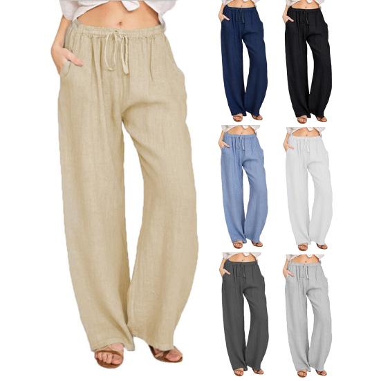 Women Harem Pants Elastic Waist Adjustable Drawstring Wide Leg Trousers with Pockets Solid Color Casual Lounge Pants