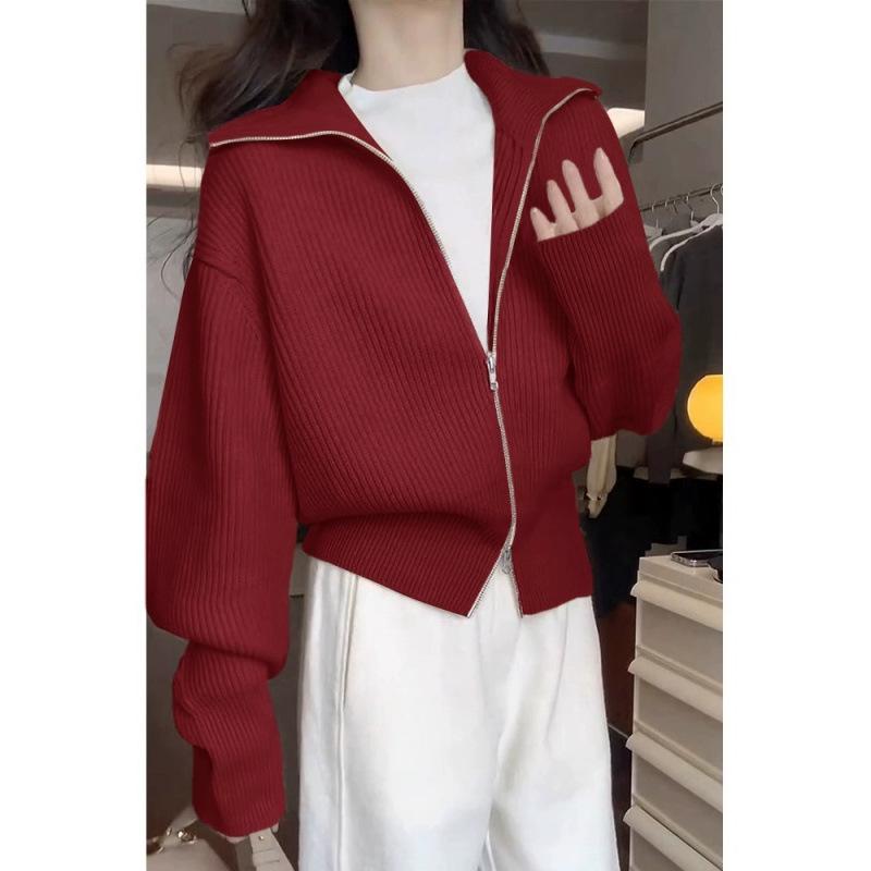 Women's Knit Cardigan: Lazy Style Double-Zipper Lapel, Thick, Soft & Waxy, Autumn-Winter Sweater Coat, Short Top