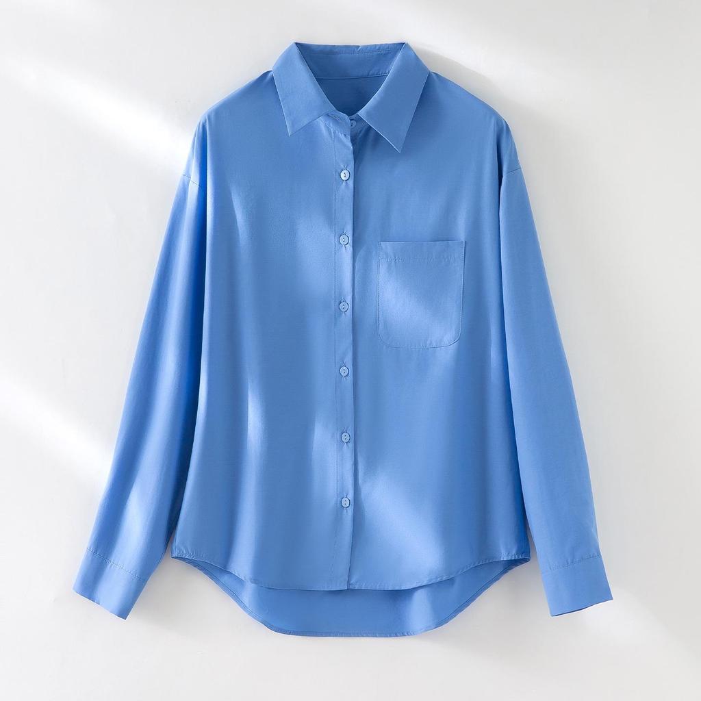 Spring 2026 Women's Versatile Long Sleeve Lapel Shirt - Front Short, Back Long, Loose Fit, Solid Color