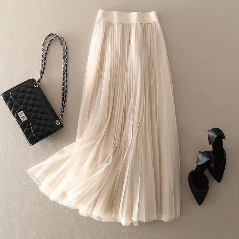 Spring Summer Solid Color Pleated Mesh Skirt Women Classic High Waisted Shirring Slim Temperament Casual Lady Midi Skirt