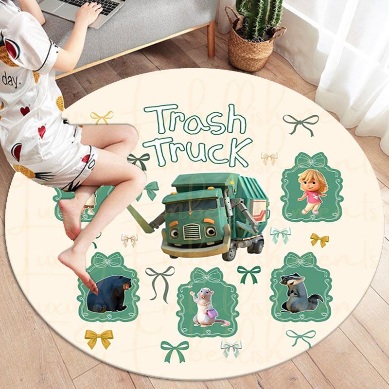 Trash Truck Round Area Rug,Carpet Rug for Living Room Bedroom Sofa Playroom Decor,Non-slip Floor Mat