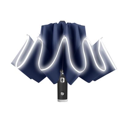 1 ombrello pieghevole antivento con luce LED, ombrello rovesciato Lively Life con rivestimento in teflon e striscia riflettente, 10 stecche rinforzate