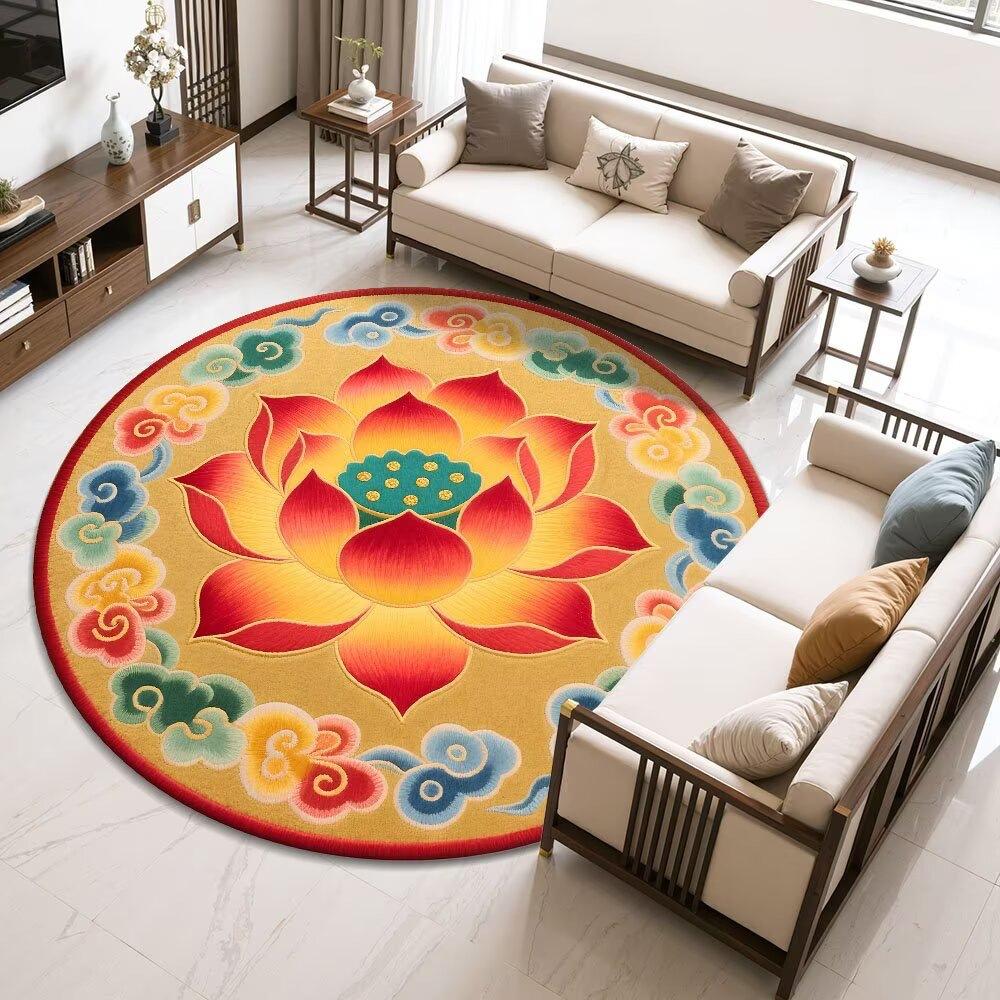 Lotus-Round Rug – Easy-Clean Meditation  Living Room Decor Rug with Chinese Floral Motif