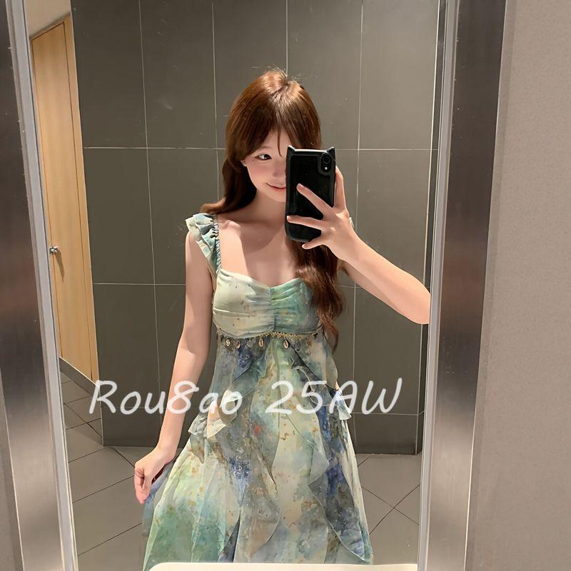 

Rou8Ao Plus-Size Women s French-Style Tie-Dye Spaghetti Strap Dress 2026 Summer Waist-Cinching Slim-Fit Long Dress Vacation Style Picture Color Dress 2XL