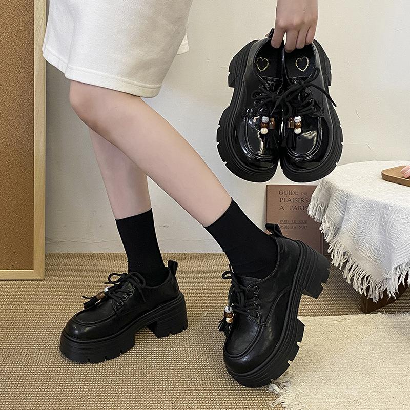 Patent leather thick-soled thick-heeled loafers women's 2025 spring and autumn new fashion versatile high-heeled single shoes British style small leat