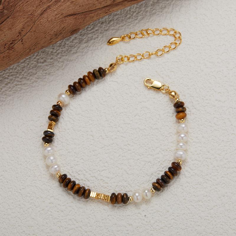 Original Design S925 Sterling Silver Natural Freshwater Pearl Tiger'S Eye Stone Color Treasure Bracelet Women'S Trend Handmade Beads