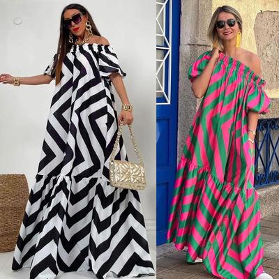 2025 European & American Off-the-Shoulder Plus Size Flare Sleeve Printed Midi Dress