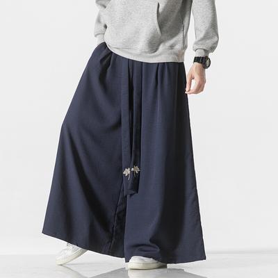 2025 Spring Summer Men Linen Wide Leg Pants Men Chinese Style Embroidered Broad Pants Male Streetwear Tai Chi Kung Fu Trousers
