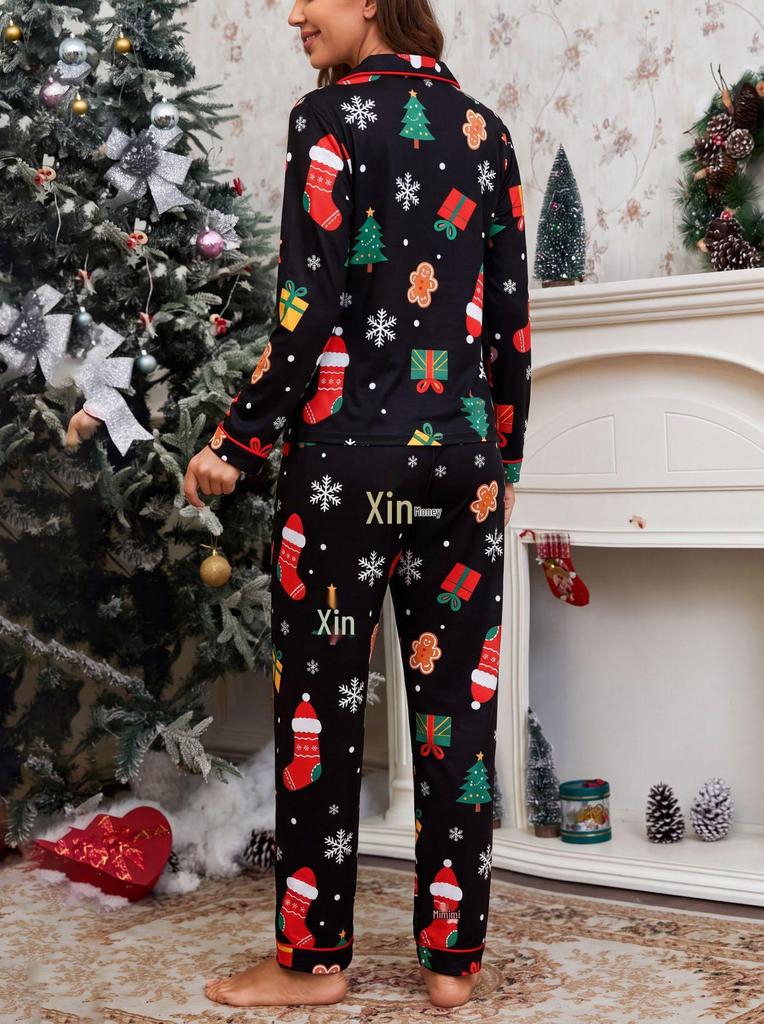 Stylish Women's Christmas Pajama Set with Lapel, Long Sleeves, and Pants