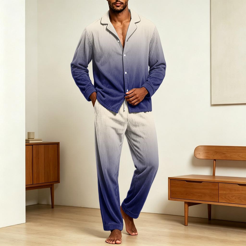 Men's Casual Pajama Set with Loose Fit Corduroy Pants and Printed Long Sleeve Lapel Collar Button-Front Top