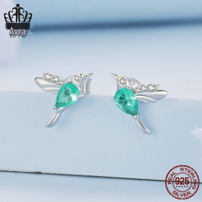 Avle S925 Sterling Silver Light Green Teardrop Hummingbird Earrings