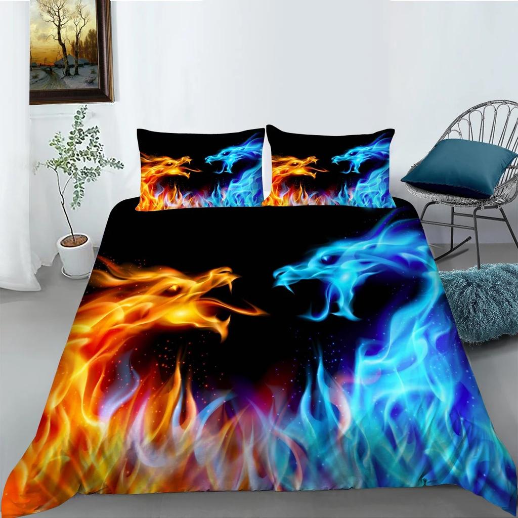 3D Phoenix Flame Bedding Set for Boys and Men Down Duvet Cover Pillowcases 2/3pcs King Queen Double Bed Cover Gift