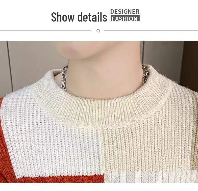 Men's Winter Thickened Color Block Knit Sweater - Warm, Casual, Trendy Fashion