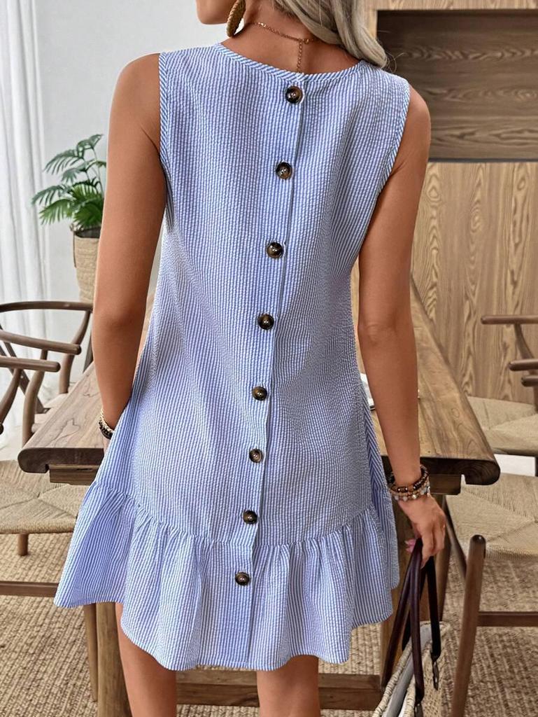2026 Women's Casual Striped Button-Back Mini Dress - Vacation Style