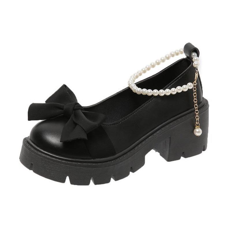 Fashion Pearl Bow Mary Jane Sandals 2025 Summer Women Lolita Thick High Heels Shoes Women Japanese Style Small Leather Shoes