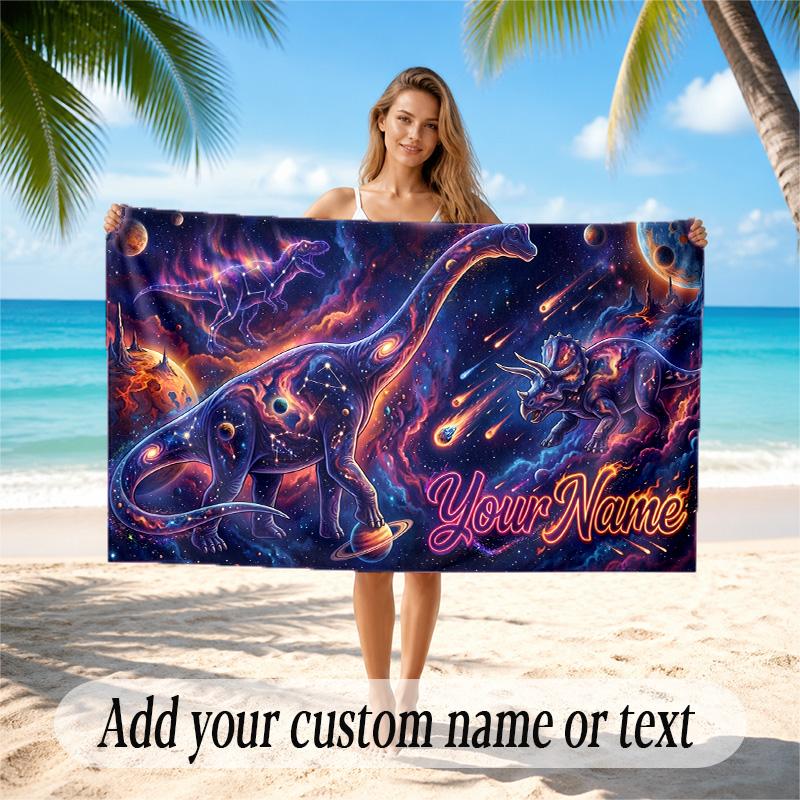 Dinosaur Theme Quick Dry Beach Towel Custom Name Text Print Large Sand Resistant Towel Beach Vacation