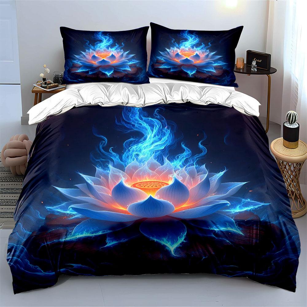 "Glowing Blue Lotus on Wooden Base" Print Bedding Set Duvet Cover Pillowcases (1* Duvet Cover 2* Pillowcases Do Not Include Comforter)