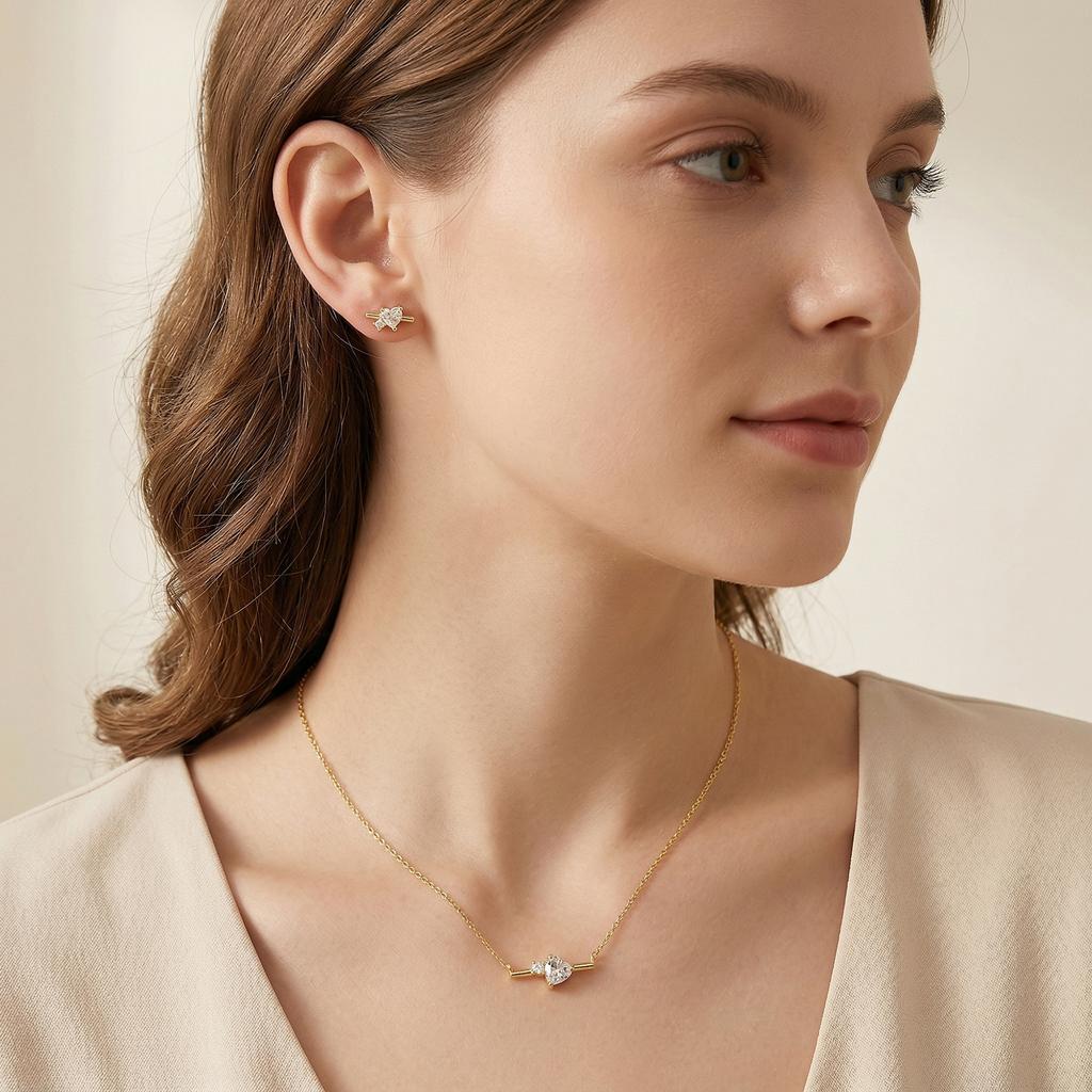 Minimalism Gold Plated 925 Sterling Silver Heart Moissanite Pendant Necklace Earrings Trendy Certified Jewelry Set for Women