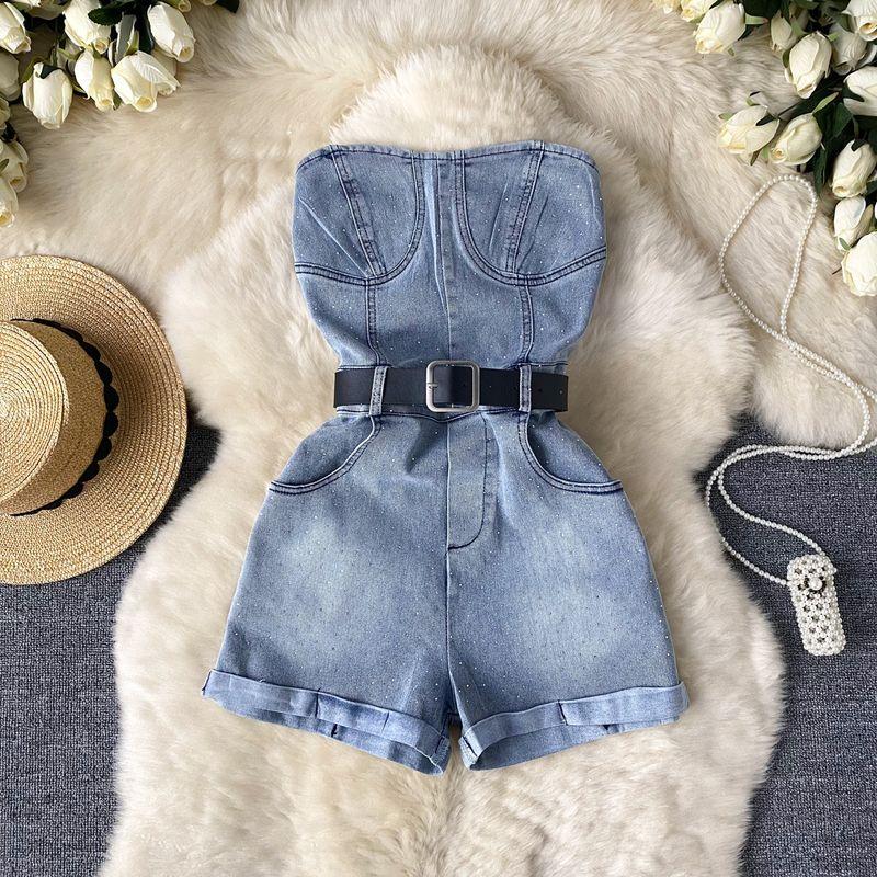 

This Year s Popular Beautiful Small Sized Man s Wear Women s Denim Fashion Rhinestone High Waist Silm Sleeveless Tube Top Jumpsuit Blue S