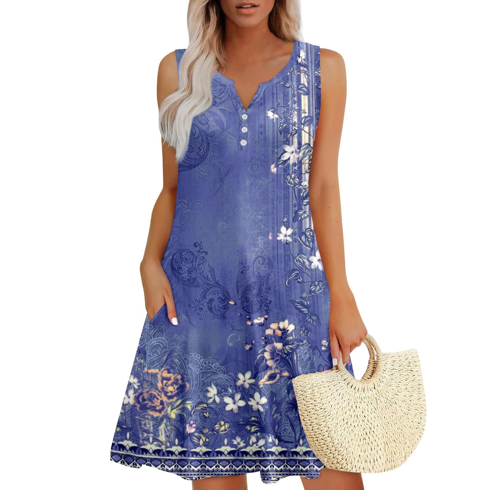 

Женские летние платья Свободные сарафаны без рукавов с V-образным вырезом Платье с карманами S синий