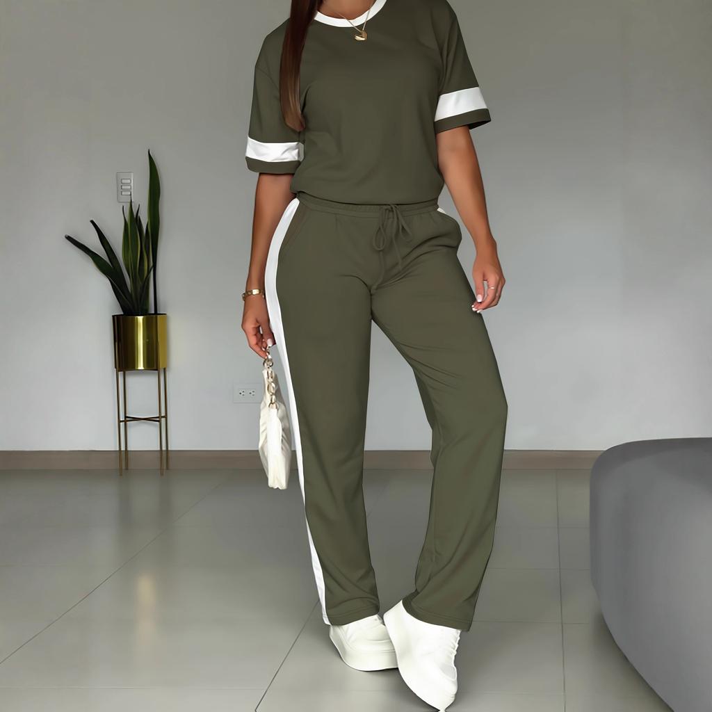 Womens Light Khaki Short Sleeve Top and Side Stripe Pants Casual Two Piece Set