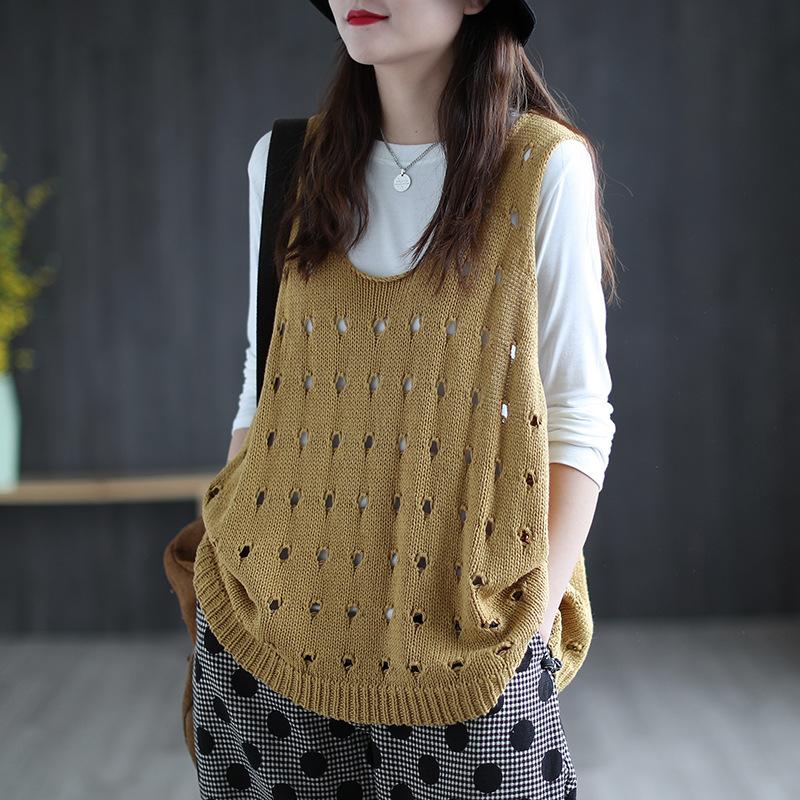 Spring/Summer Hollow Knitted Sweater Vest for Women Loose Casual Sleeveless Knitted Vest for Women