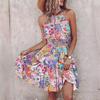 Women's Summer Ethnic Printed Sleeveless Hanging Neck High Waist A Line Lace Up Dress