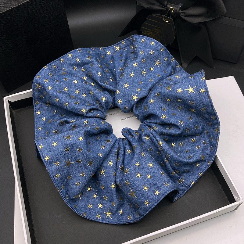 Korean Starry Denim Scrunchie for Women - High-End, Lazy Style Hair Tie