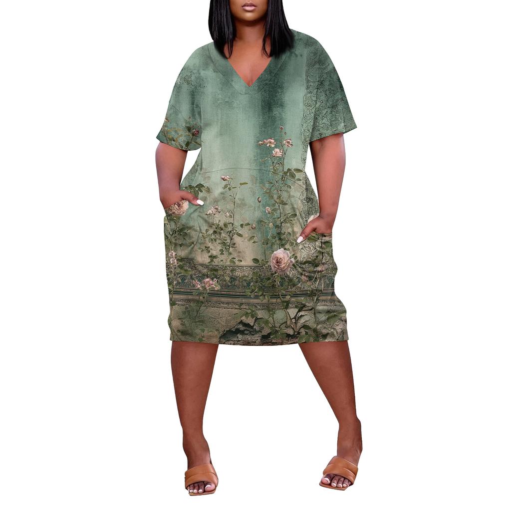 Summer Plus Size V Neck Short Sleeve Knee Pocket Print Casual Dress For Women